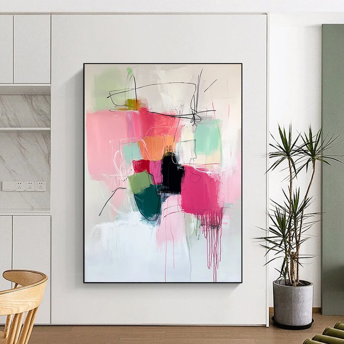 Large contemporary hand-painted abstract artwork featuring vibrant pinks and greens with expressive brush strokes and thick black line work adding depth. DLZ0907