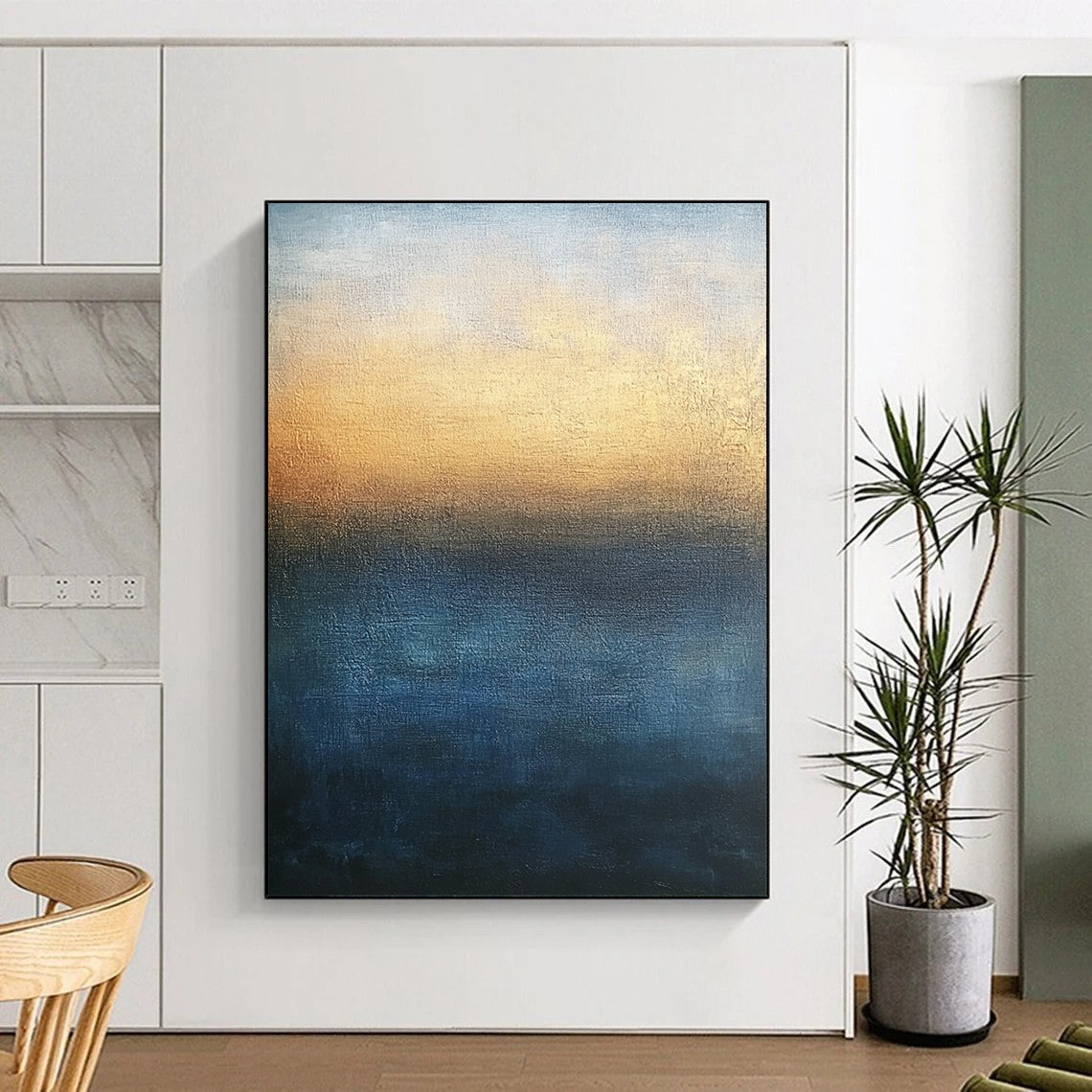 Contemporary large abstract painting with minimalist style in blue and brown tones featuring soft edges gradient sky and tranquil sea for serene atmosphere. DLZ0401
