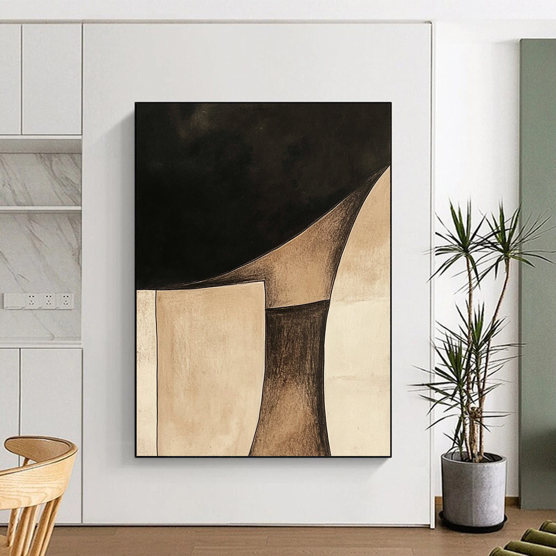 Contemporary hand-painted abstract art features minimalist Japandi style with beige and brown shapes on a black background and soft watercolor washes. DLZ1611