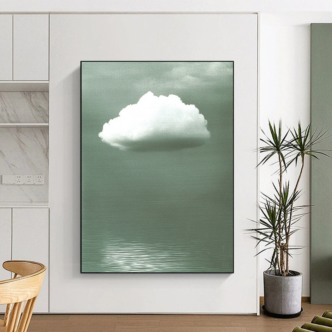 Contemporary abstract art features a soft white cloud on a gray backdrop, enhanced by green water ripples and subtle reflections below. DLZ1470