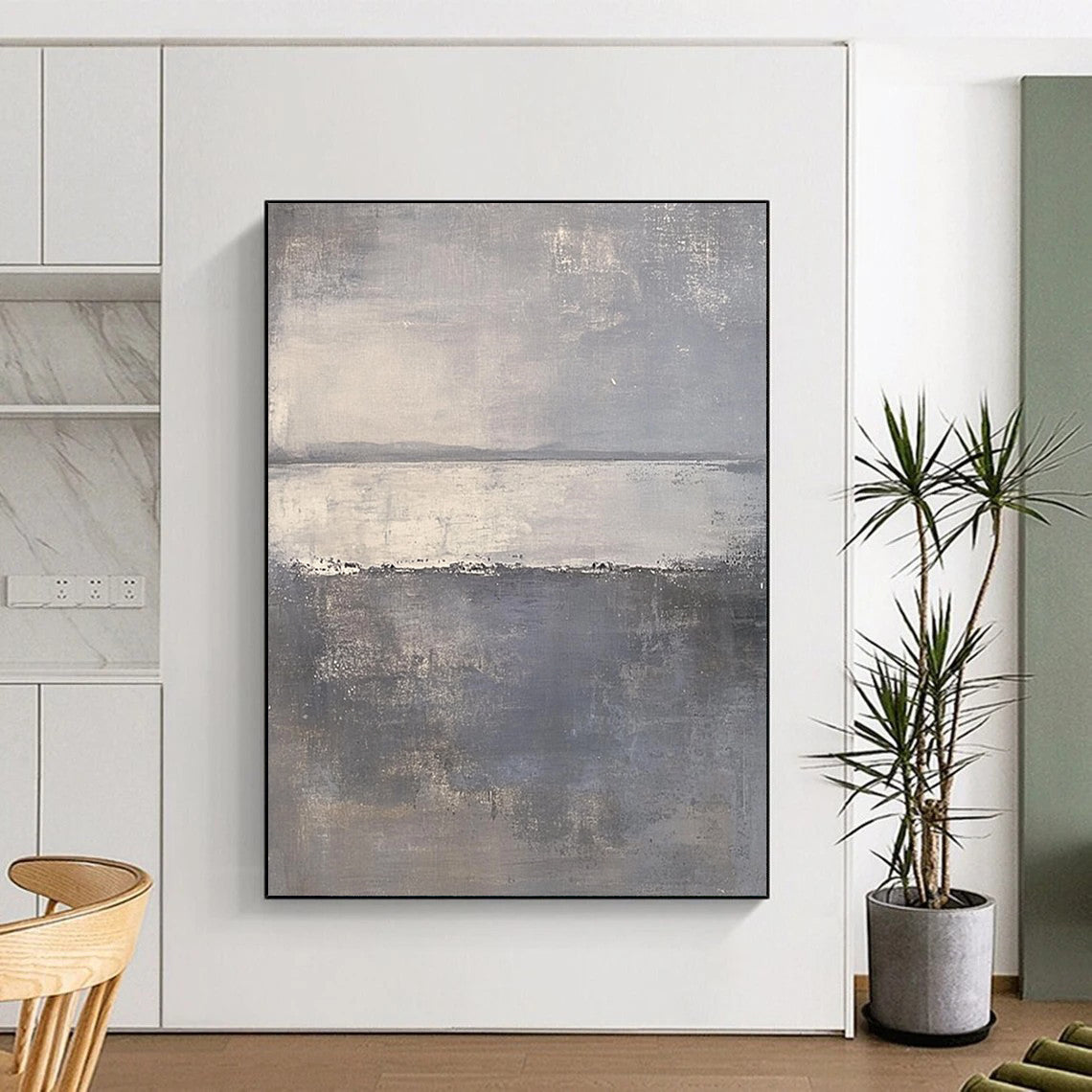 Large contemporary hand-painted abstract art featuring soft gray and white hues with tranquil sea elements creating a serene and calming atmosphere. DLZ0281
