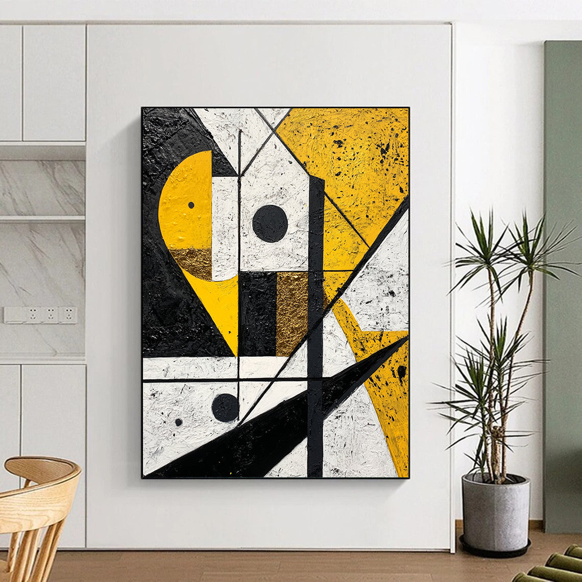 Black, White, Gold and Yellow Geometric Mosaic "Sunny Geometry" Painting On Canvas HB339