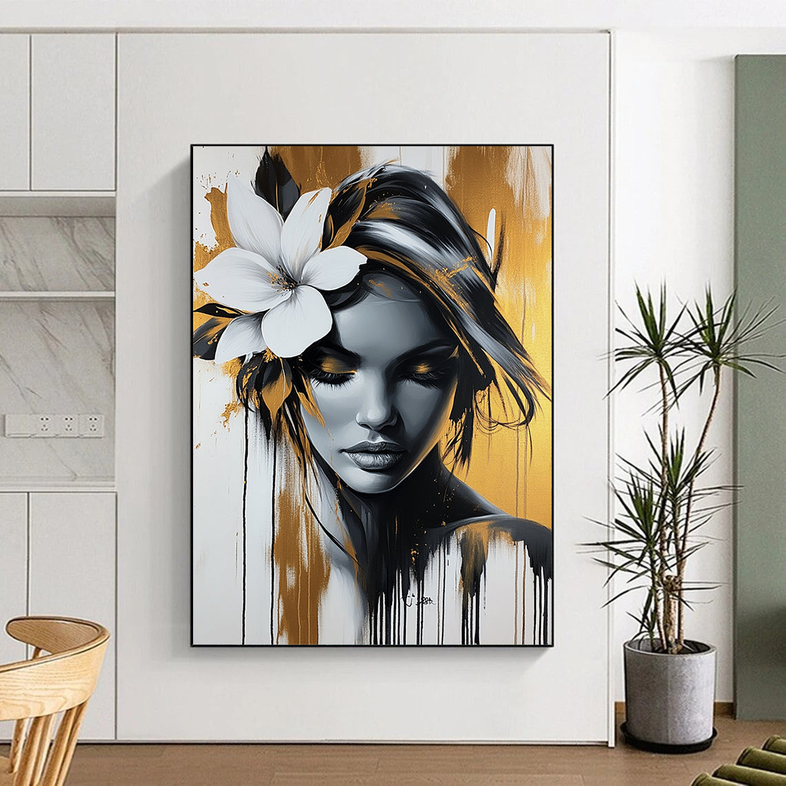 Contemporary abstract artwork featuring an elegant woman with a white flower, gold and black palette, dripping paint effect against a white background. DLZ1404