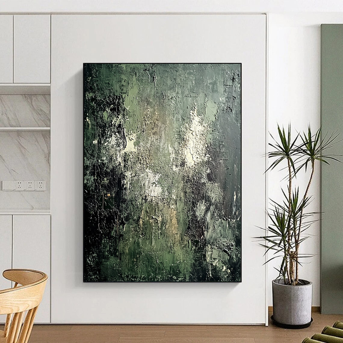 Contemporary hand-painted abstract artwork featuring a textured mossy green wall with peeling paint and a contrasting dark gray background. DLZ0582