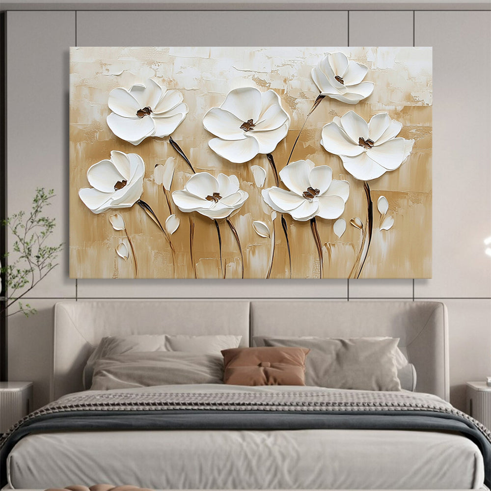 3D White Flowers on Beige - Textured Floral Relief Painting On Canvas HB0426