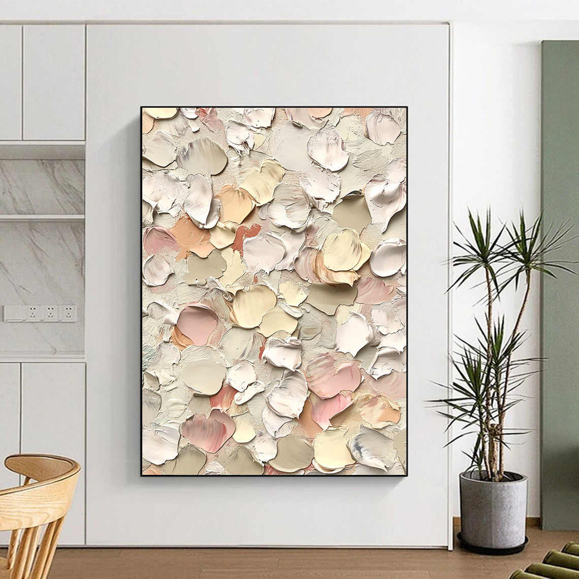 Large contemporary hand-painted abstract art featuring small flowers in cream and pink hues with thick impasto texture against a white background. DLZ0641