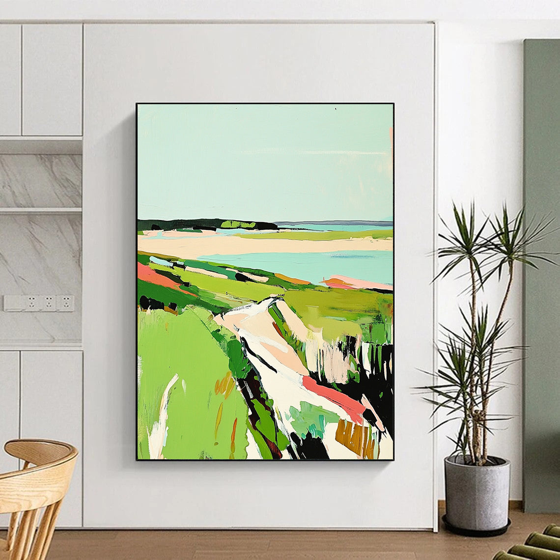 Contemporary abstract painting featuring vibrant green grass and a serene sky inspired by the coastal beauty of Cape Cod in Matisse's style. DLZ1420