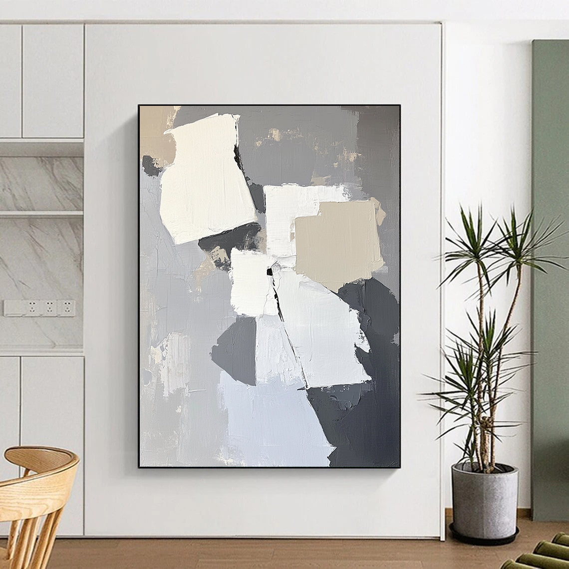 Contemporary abstract artwork featuring gray and white shapes, thick strokes, and a neutral background, perfect for enhancing interior walls. DLZ0804