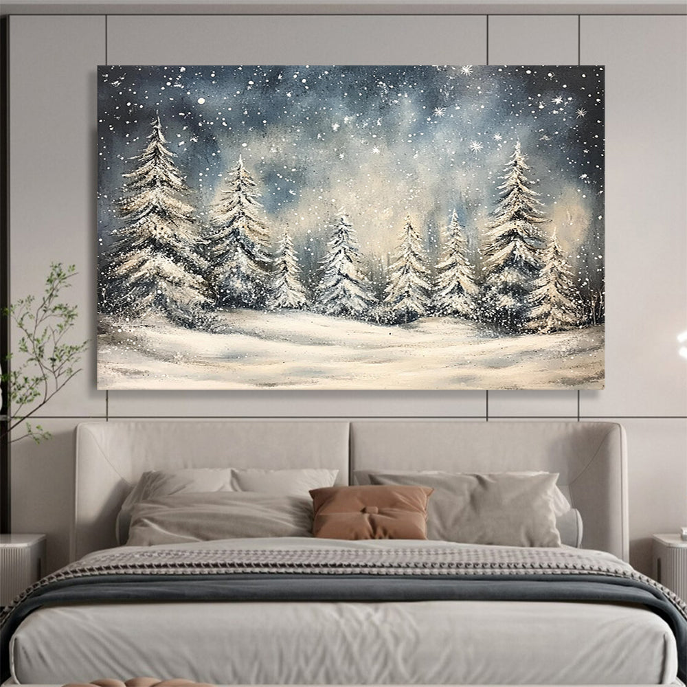 “Snowy Forest Night” - Blue, White, Snowy Trees, Landscape Painting On Canvas HB0777