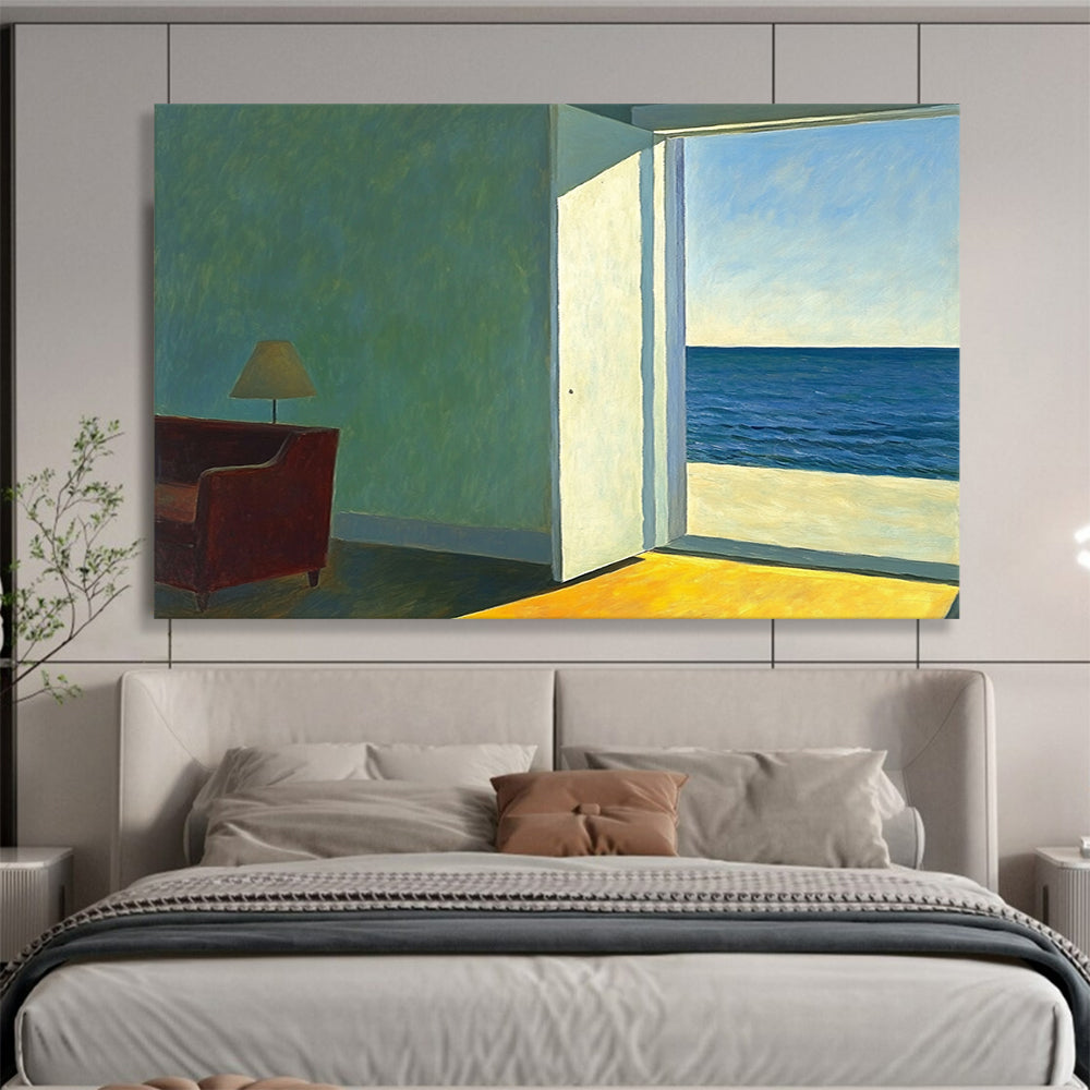 “Room with a View of the Sea” - Green, Blue, Yellow, Interior with Sea View - Realist Oil Painting HB1644