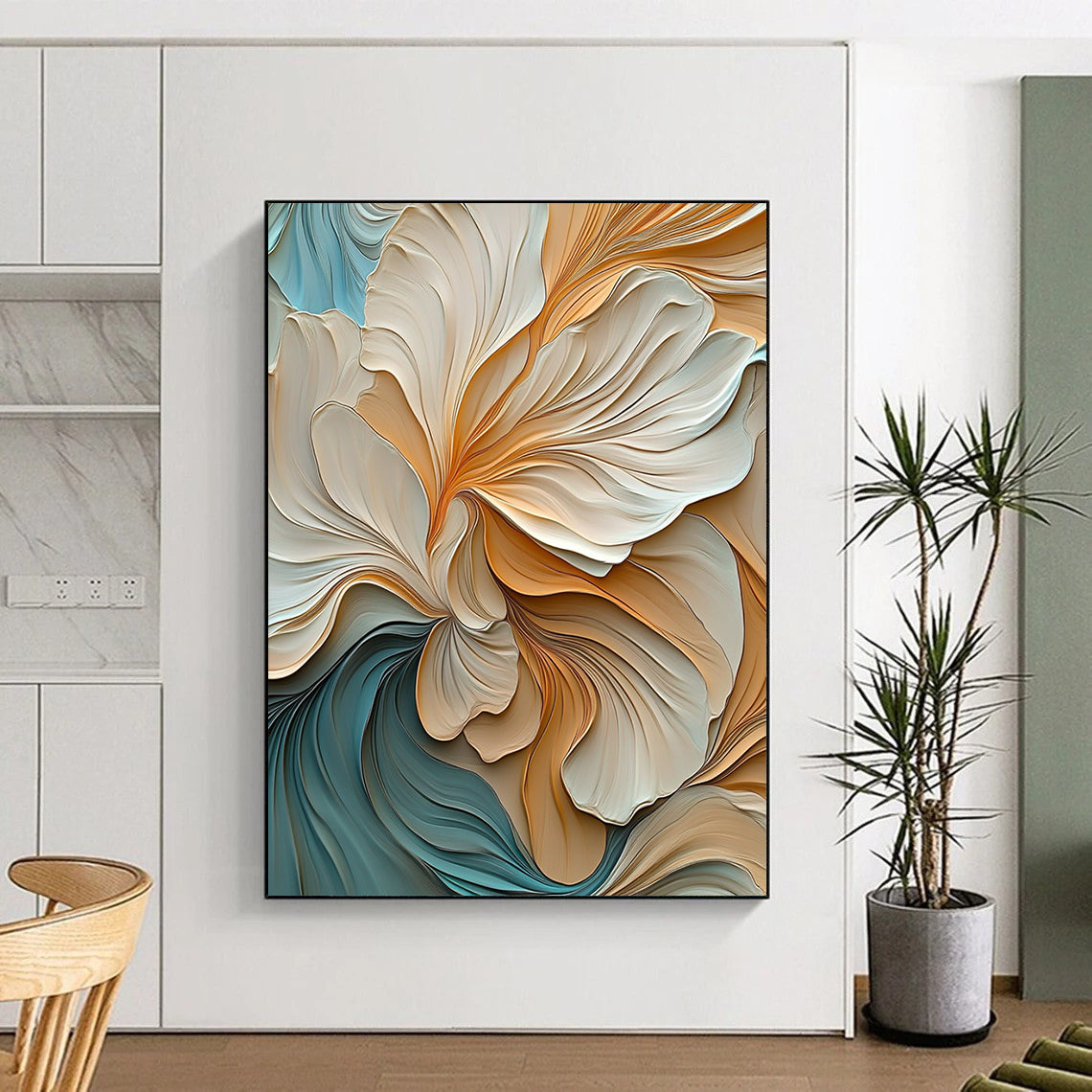 Contemporary abstract artwork featuring elegant warm colors with detailed leaves soft edges and flowing lines in ultra-high definition. DLZ0385