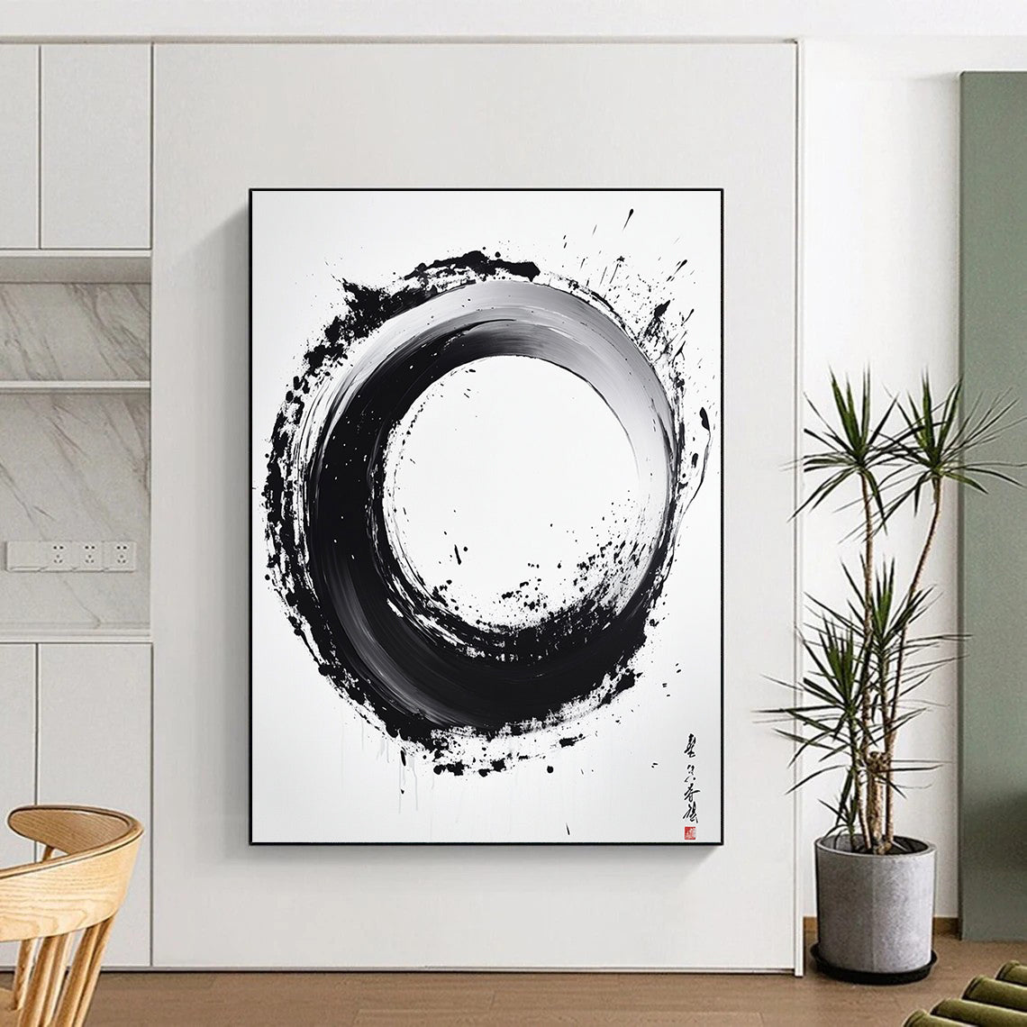 Black and White Textured Circle "Rustic Enso" Painting On Canvas HB288