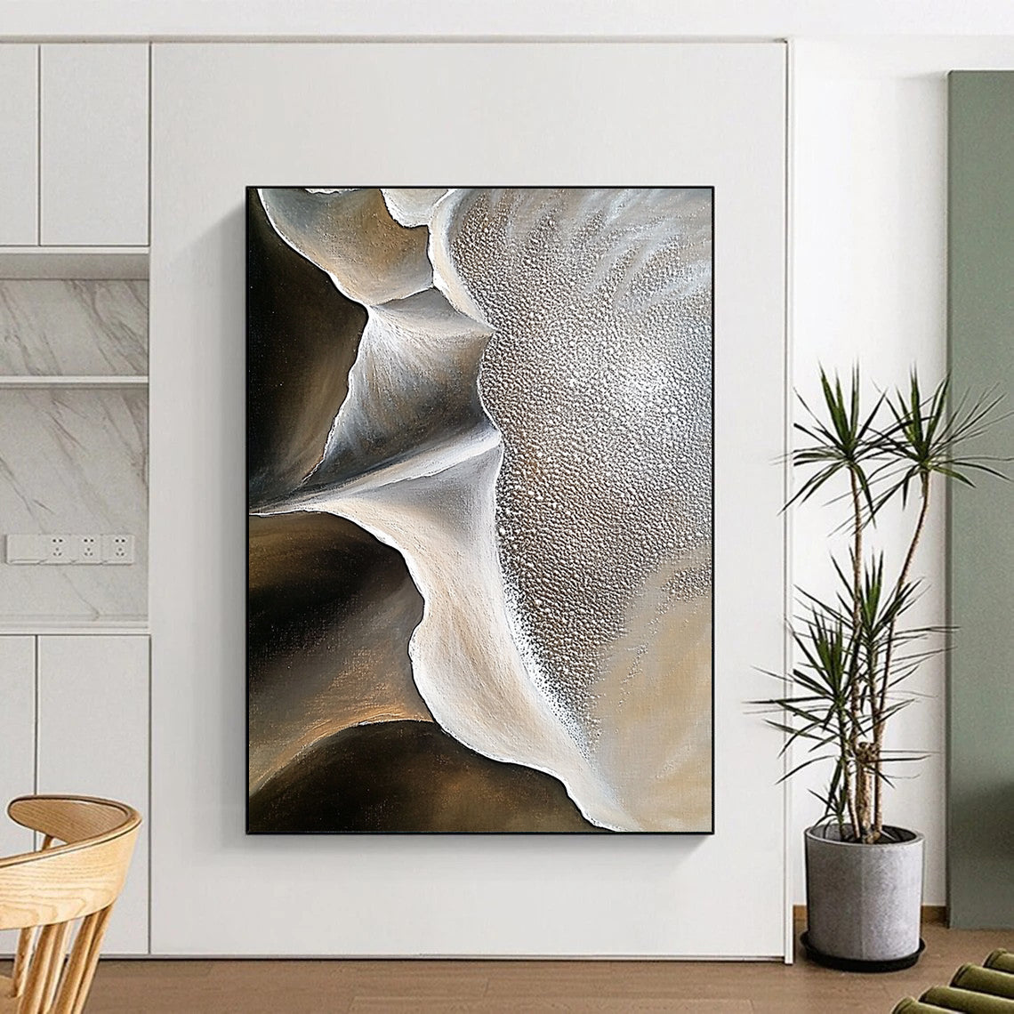 Large contemporary abstract artwork showcasing intricate sand dune patterns and contrasting rock formations with rich oil paint texture and minimalistic desert depth. DLZ1181