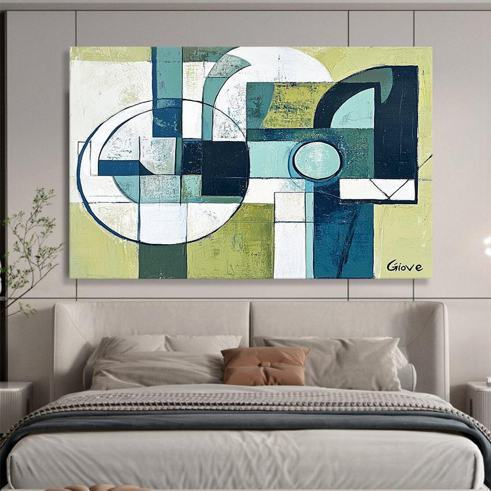 “Geometric Harmony” - Green, Blue, White, Abstract Geometric Shapes Painting On Canvas HB1063