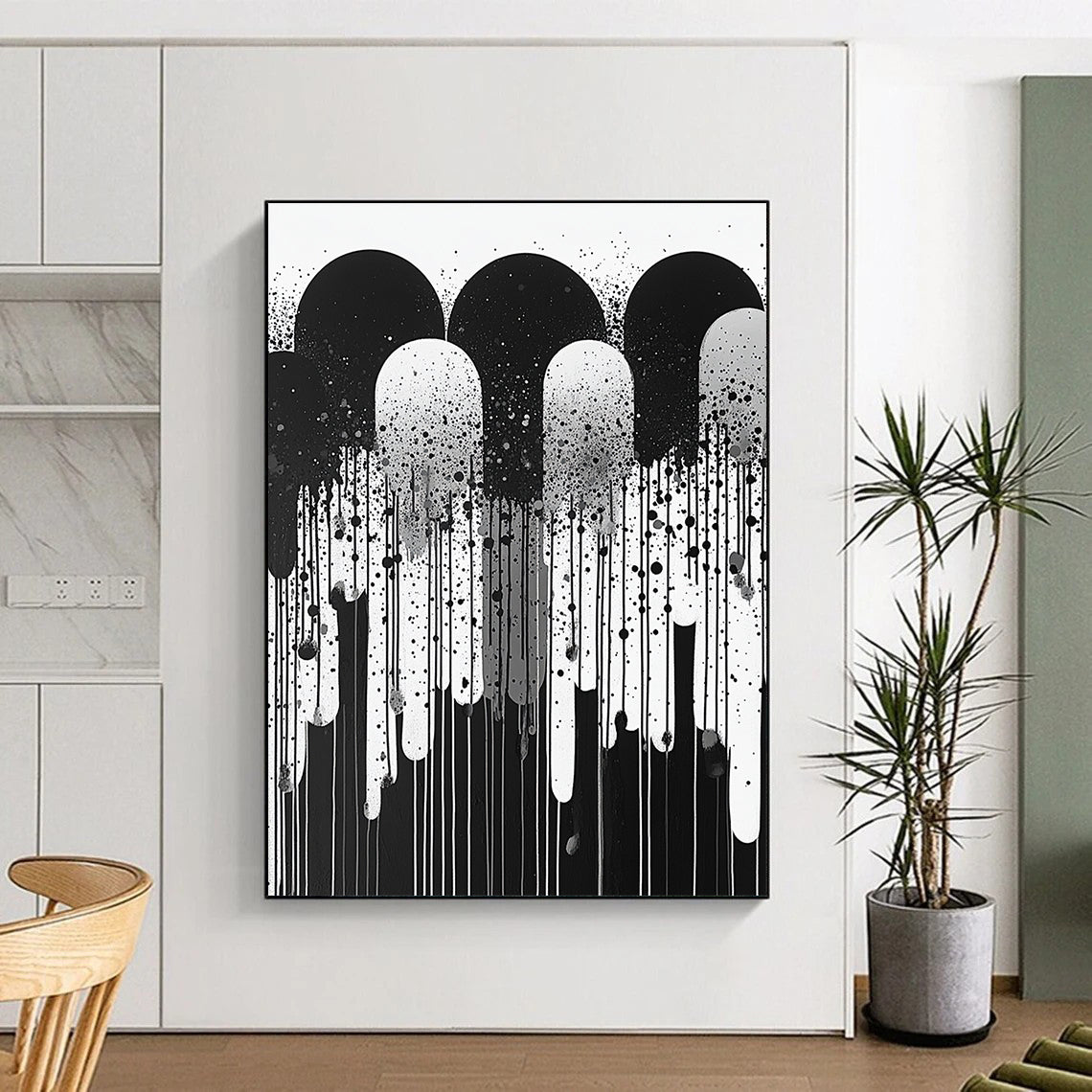 Black, White and Gray Dripping Shapes "Moody Meltdown" Painting On Canvas HB285