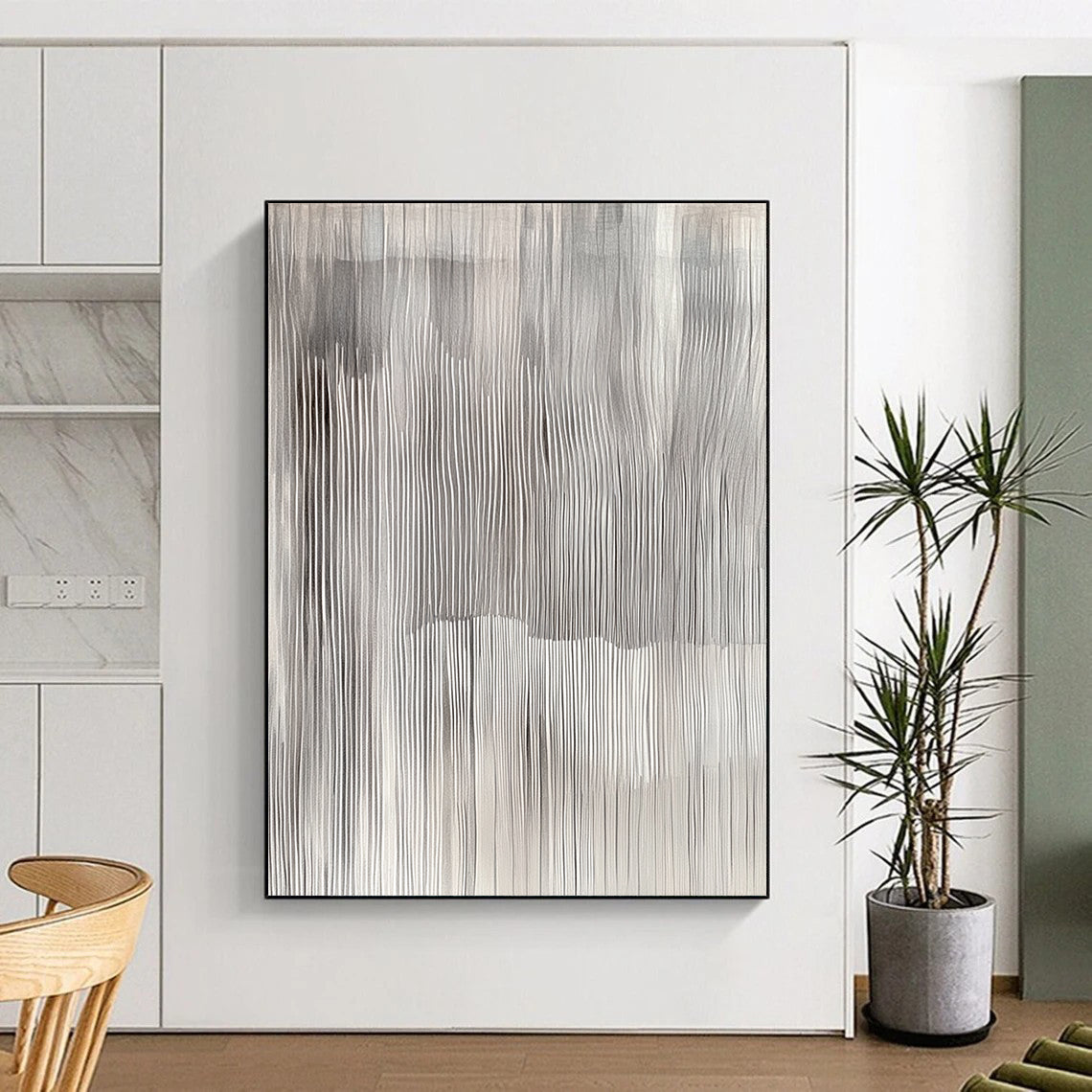 Contemporary hand-painted abstract art featuring undulating grey and white vertical stripes, evoking tranquility and capturing nature's beauty through textured geometric patterns. DLZ0862