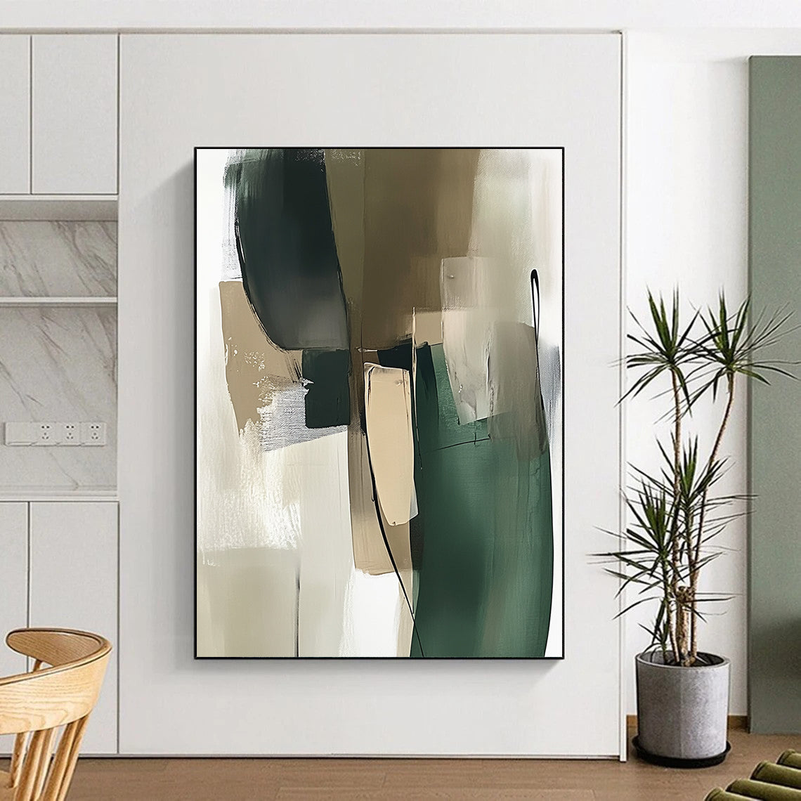 Contemporary abstract painting showcasing a green and beige palette with thick brush strokes and minimalistic shapes in a modernist style. DLZ0535