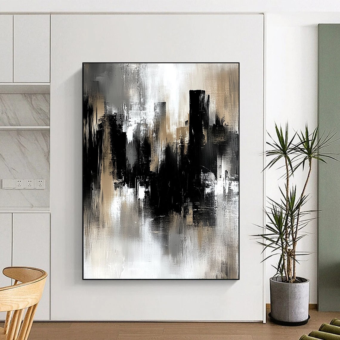 Contemporary hand-painted abstract art featuring a gray and black industrial cityscape with soft edges and loose brushstrokes in muted tones. DLZ0707