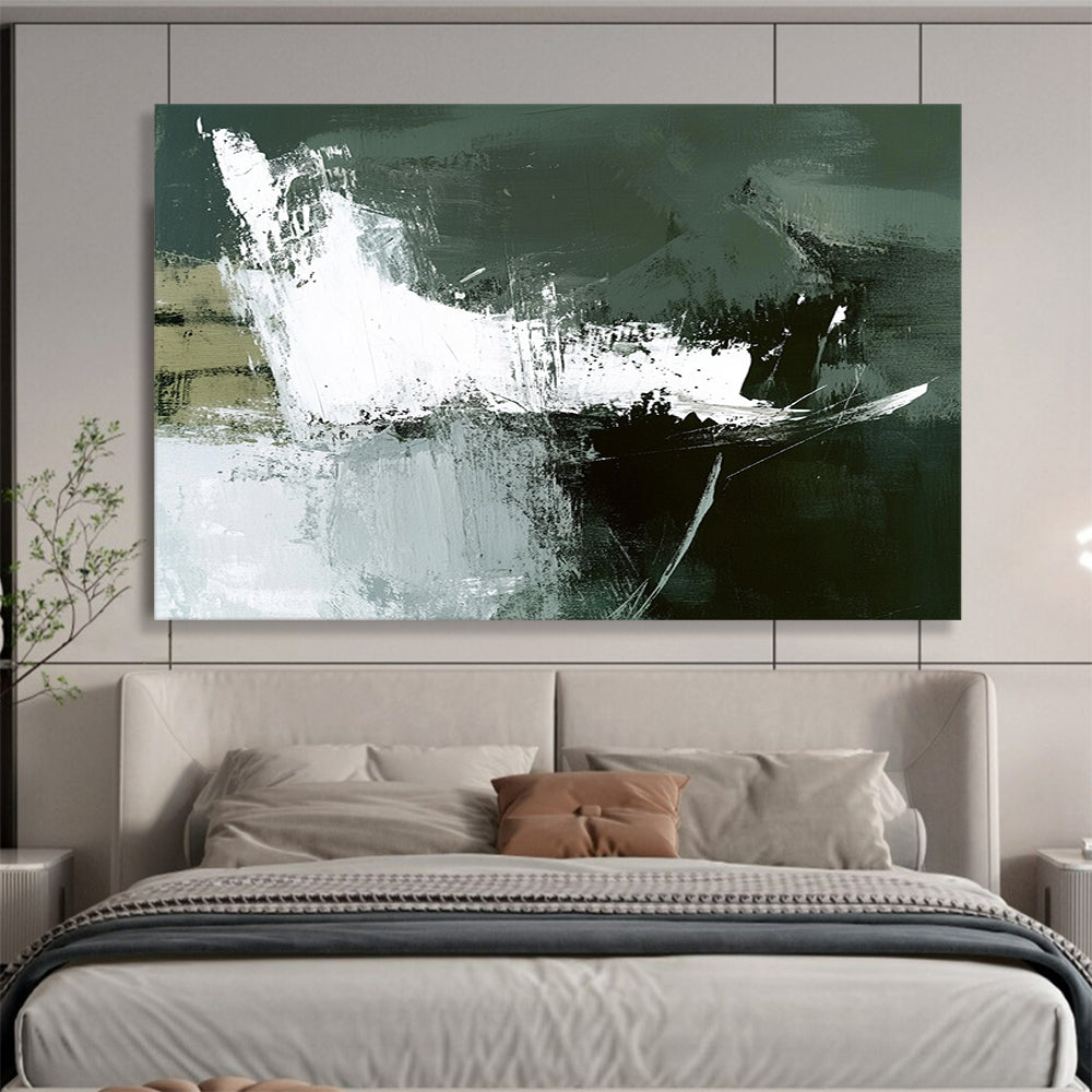 “Dark Green Abstract Strokes” - Green, White, Black with Bold Strokes - Abstract Acrylic Painting HB1349