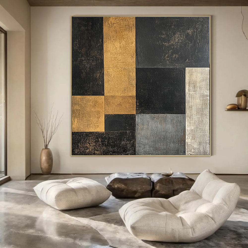 Black, Gold, Gray with Interlocking Squares "Modern Mosaic" Abstract Painting On Canvas HB003