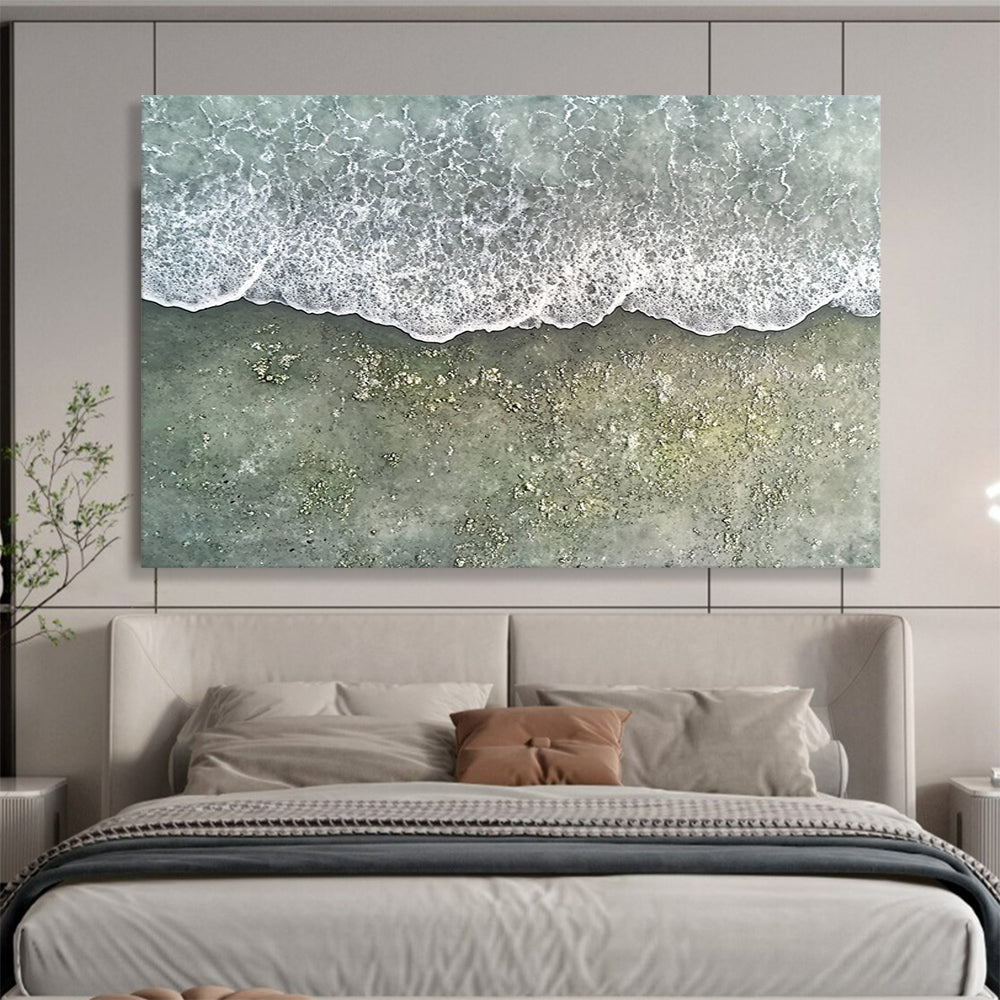 Aerial View of Foamy Waves on Sandy Beach - Realistic Coastal Painting On Canvas HB0487