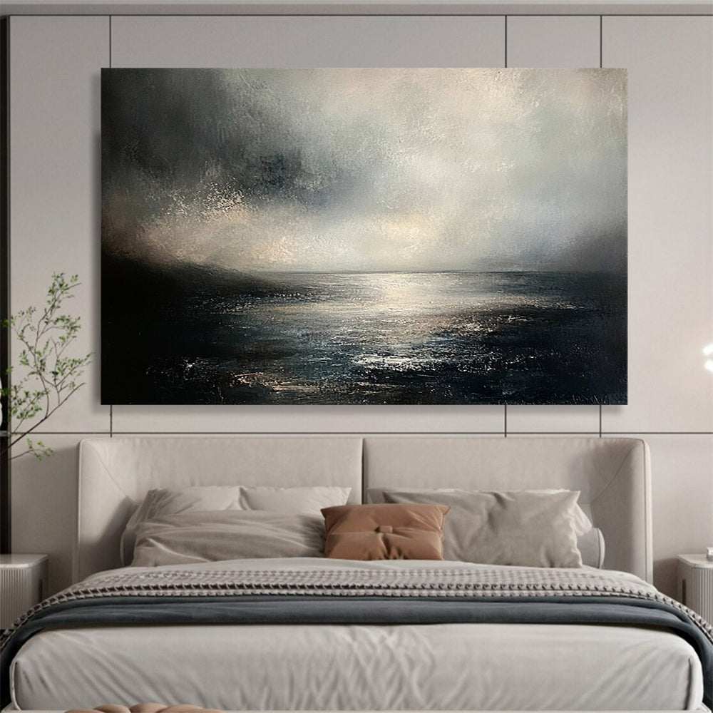 “Moody Sea Landscape” - Gray, Black, White, Atmospheric Seascape Painting On Canvas HB1001