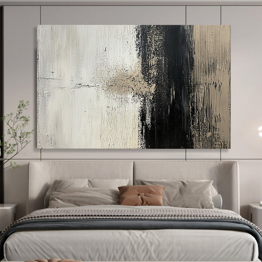 “Textured Black and White Abstract” - Black, white, beige; Textured abstract with bold brushstrokes; Acrylic Painting On Canvas HB1269