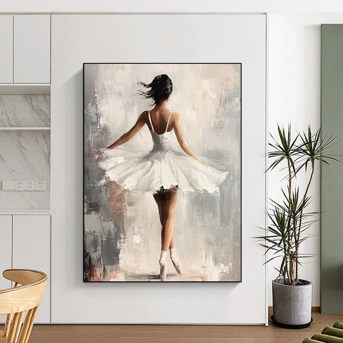 Contemporary hand-painted abstract art featuring an elegant ballerina in a white dress with graceful movements set against a soft gray and neutral background. DLZ1121