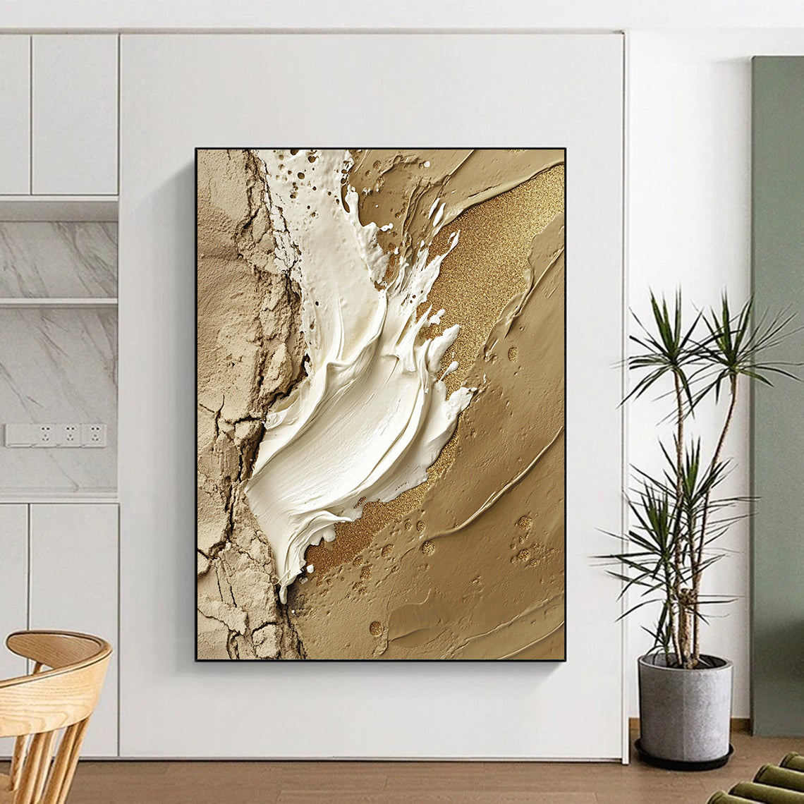 Contemporary hand-painted abstract art featuring a central white paint stroke adorned with gold glitter accents on a rugged stone-like background. DLZ1195