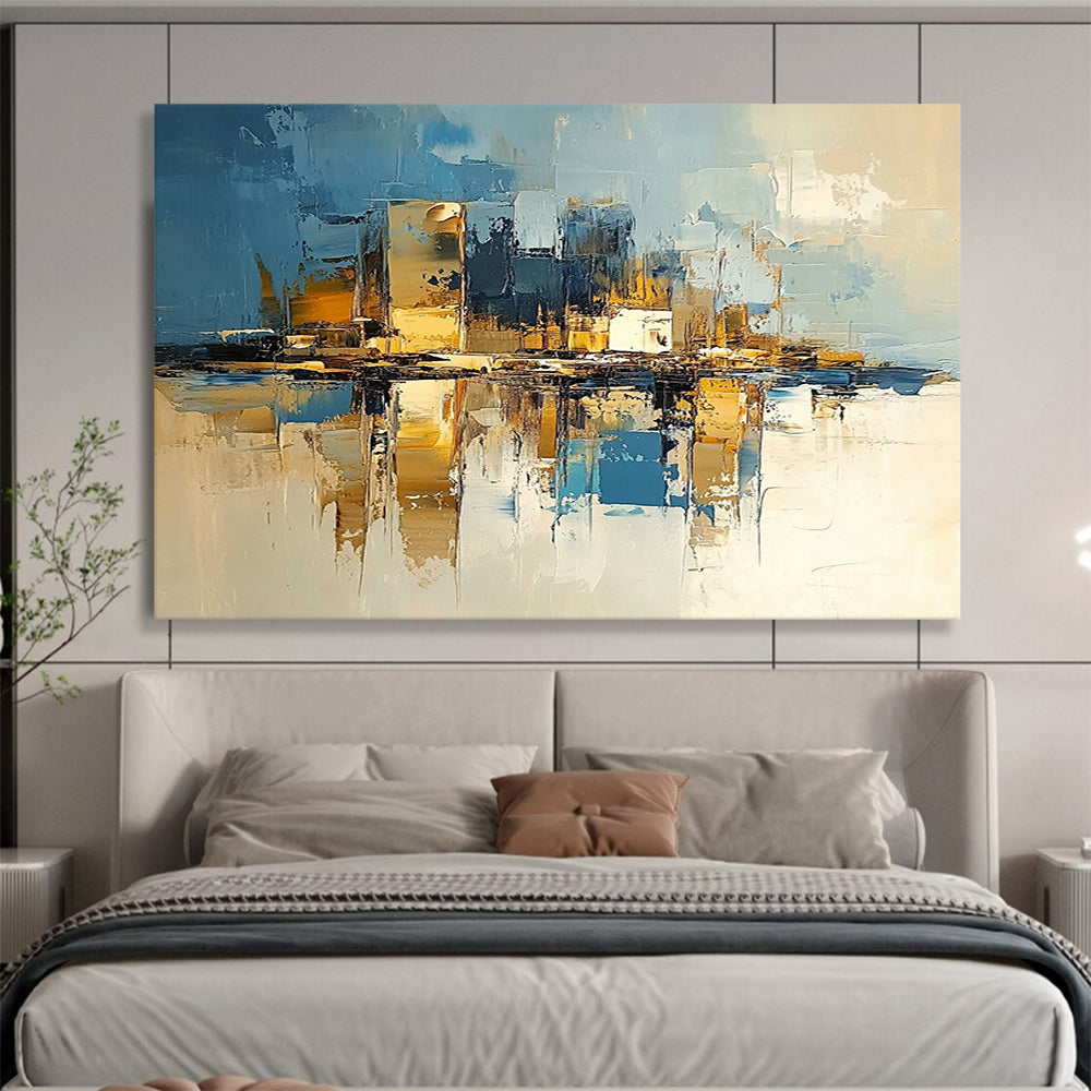 “Cityscape Reflections” - Deep blues, golds, whites; Abstract city skyline mirrored in water; Palette Knife Oil Painting On Canvas HB1177
