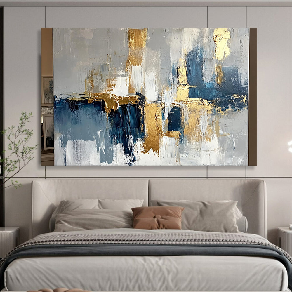 “Abstract Gold - Blue - Gray Cityscape” - Gold, Blue, Gray, White, Urban Shapes Painting On Canvas HB0818