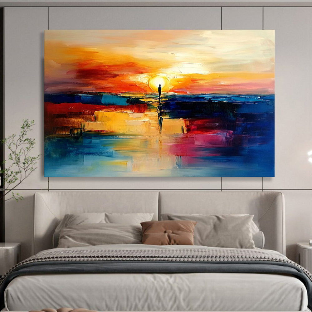 “Sunset Silhouette Reflection” - Orange, Red, Blue, Figure & Sunset Painting On Canvas HB0735