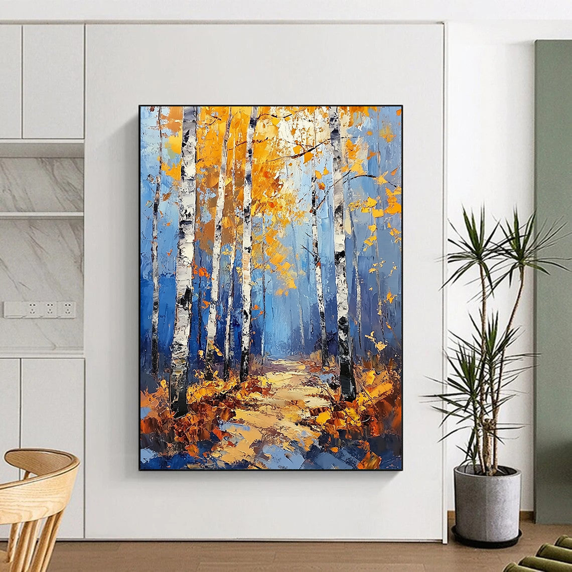 Contemporary abstract painting featuring a birch forest in autumn with vibrant blue and yellow tones and golden leaves in a modern impressionist style. DLZ1533
