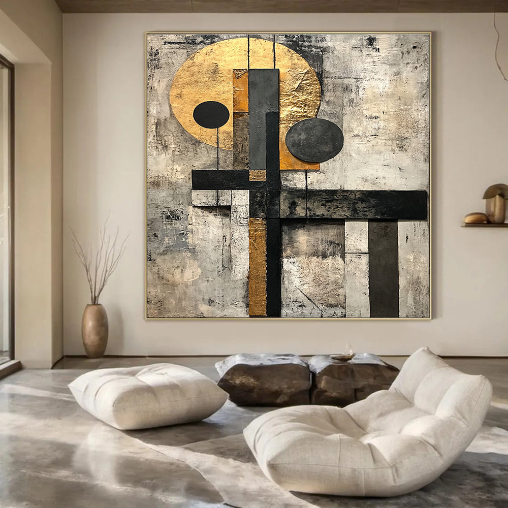 Gold, Black, Gray, White with Layered Shapes "Textured Harmony" Abstract Painting On Canvas HB002