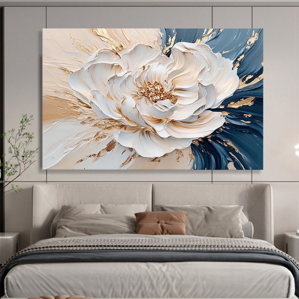 “Elegant Gold - Accented Peony” - White, Gold, Textured Peony Flower Painting On Canvas HB0879