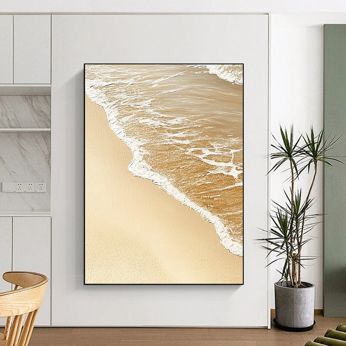 Contemporary abstract artwork capturing the serene meeting of sand and water, evoking tranquility with soothing beige and white tones. DLZ1211