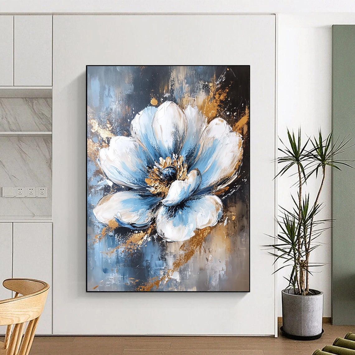 Contemporary abstract painting featuring a white and blue flower with elegant gold foil accents against a rich dark gold background. DLZ1677