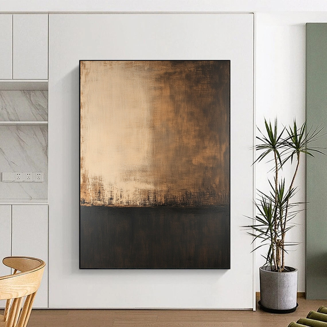 Large contemporary hand-painted abstract artwork featuring soft edges dark tones and a solid color base with a delicate transparent texture. DLZ0368