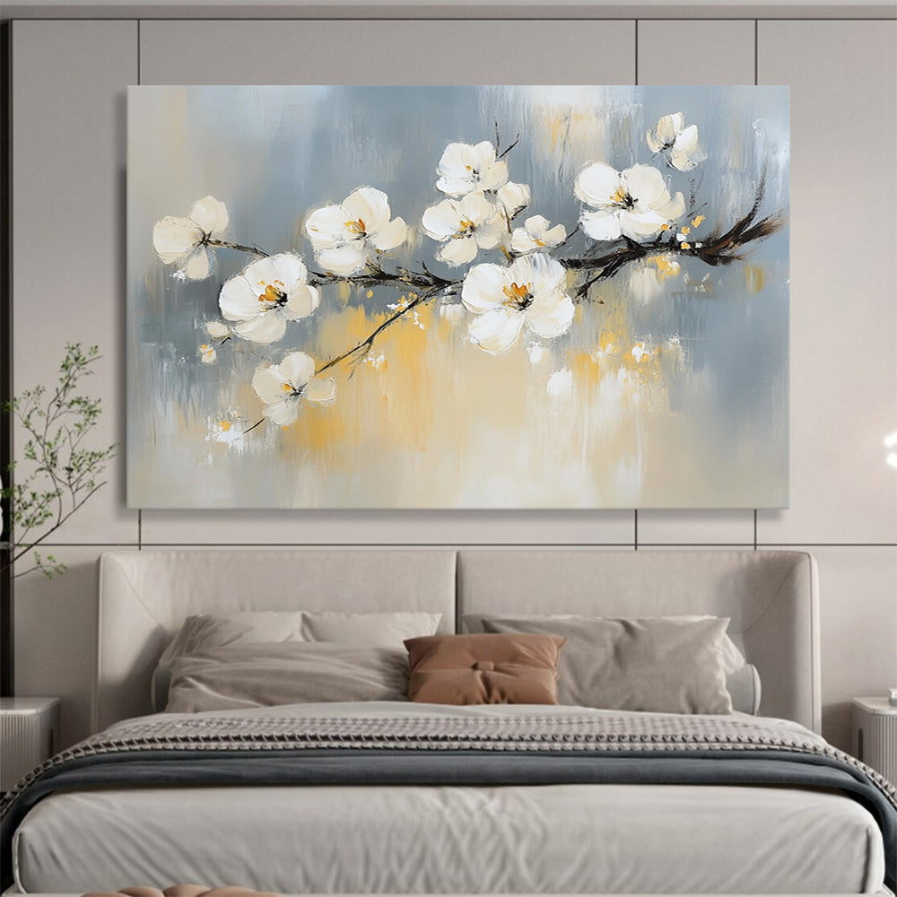 “White Blossoms On Branch” - Gray, White, Yellow, Impressionist Floral Painting On Canvas HB0682