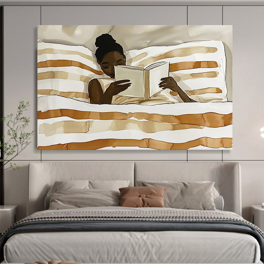 “Reading Woman in Neutral Tones” - Brown, White, Skin Tones, Figure Reading in Bed - Watercolor Illustration HB1770