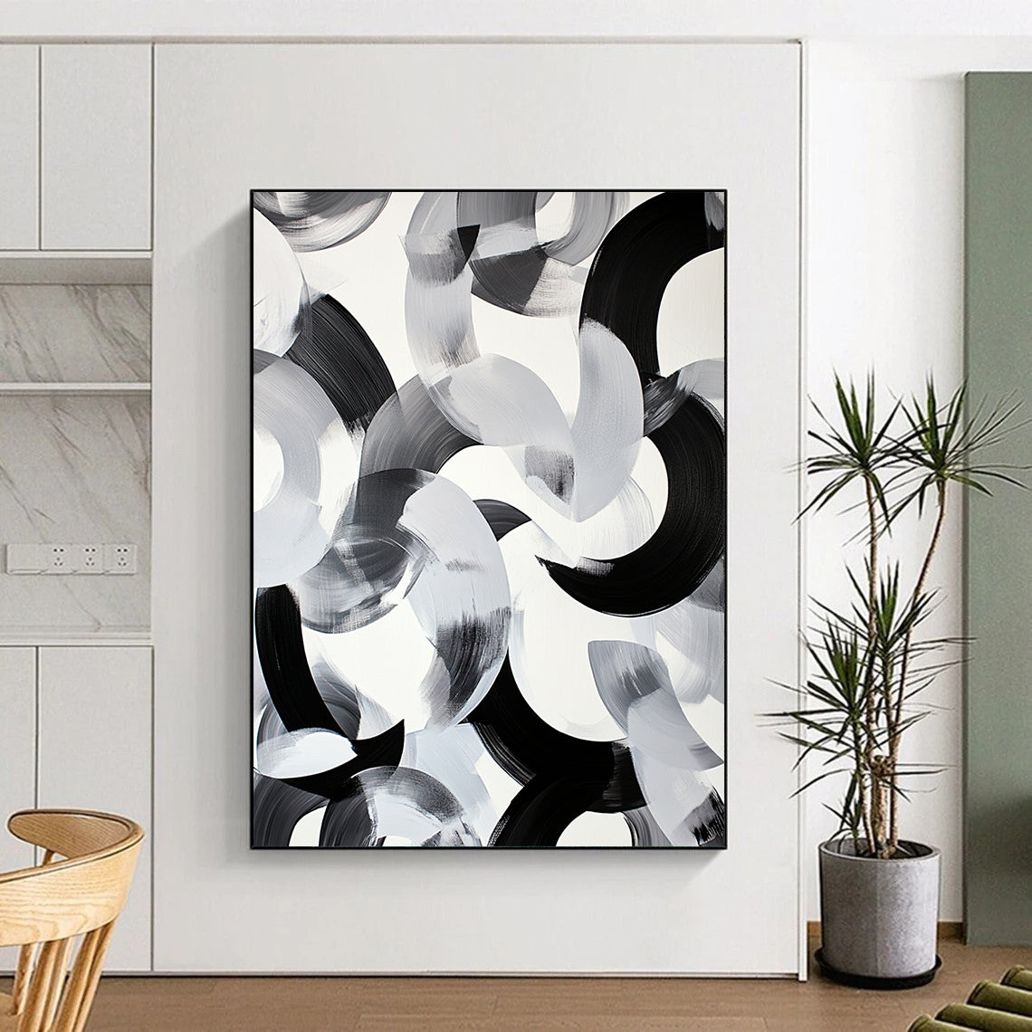 Black & Gray Intertwined Curves - “Fluid Ink Harmony” Painting On Canvas HB239