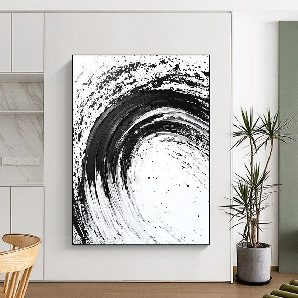 Black Curved Brushstrokes on White - “Flowing Ink Rhythm” Painting On Canvas HB216