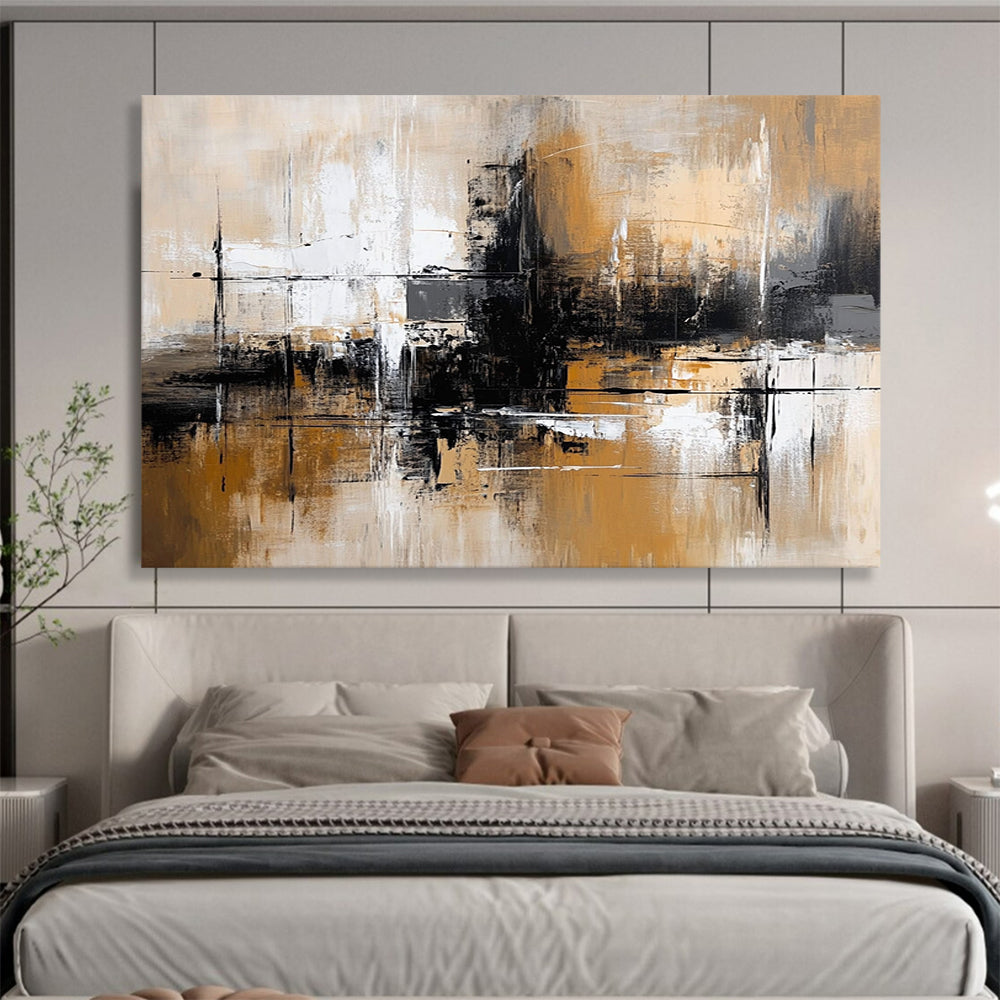“Brown and Gray Abstract Cityscape” - Brown, gray, white, black; Abstract cityscape with a moody atmosphere; Acrylic Painting On Canvas HB1264