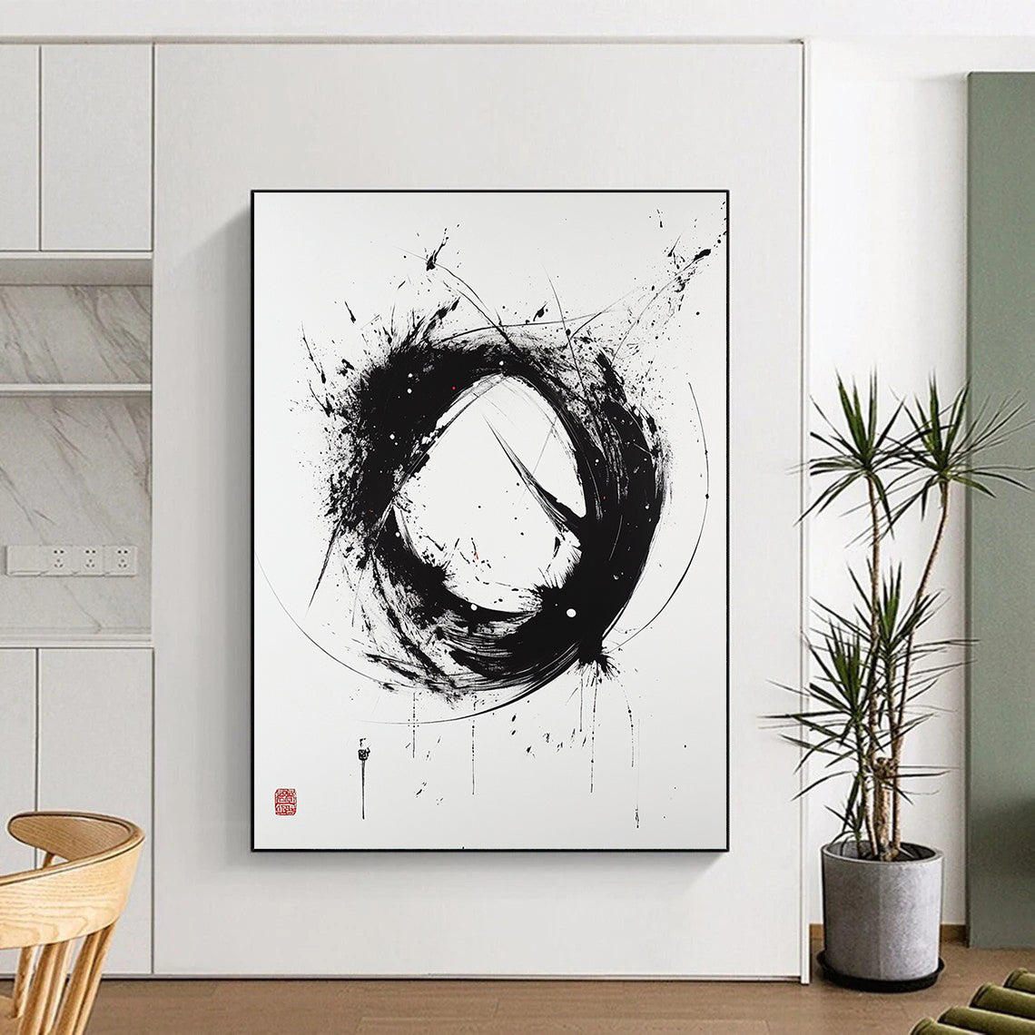 Black and White Dynamic Circle "Wild Enso" Painting On Canvas HB260
