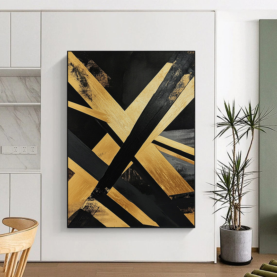 Contemporary abstract painting featuring bold black and gold stripes geometric shapes with wooden lines on a dark background and expressive brush strokes. DLZ0730