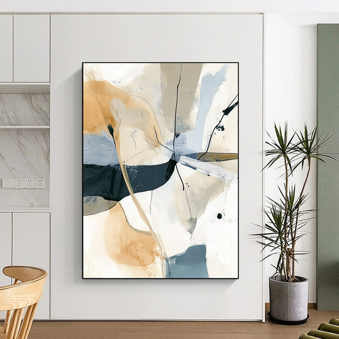Contemporary hand-painted abstract artwork featuring soft lines and shapes in beige and gray with striking black splashes for a modern aesthetic. DLZ0285