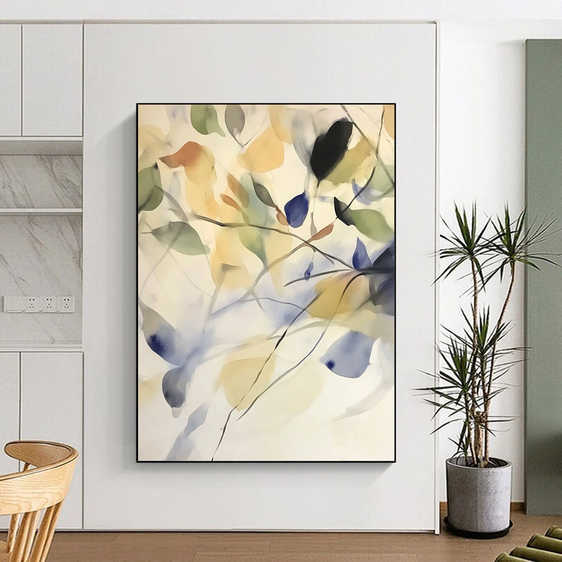 Large contemporary abstract watercolor painting featuring soft colors and gestural leaves swaying in the wind with a pale palette and subtle purple accents. DLZ1727