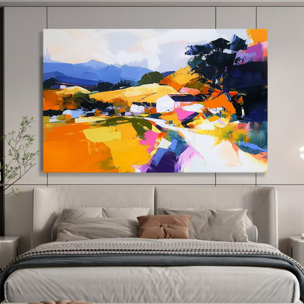 “Colorful Abstract Village” - Orange, Yellow, Pink, Purple, Abstract Village Landscape Painting On Canvas HB1115