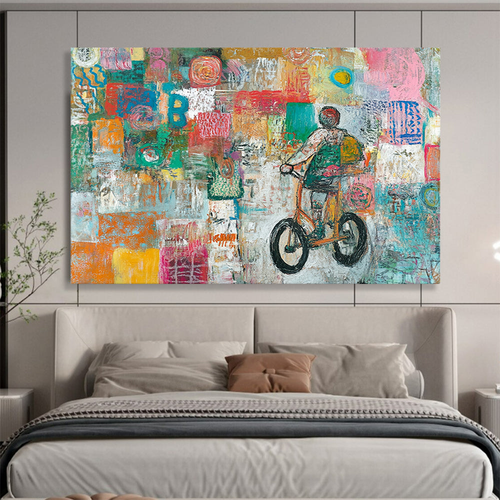 Colorful Mosaic Biker Journey – Mixed - Media Abstract Biker Scene Painting HB1469