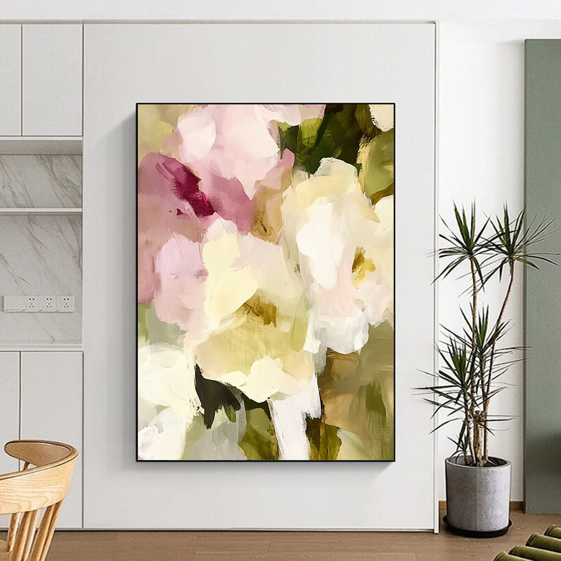 Large contemporary abstract painting featuring soft edges and blurry details with vintage floral elements in pale pink and cream tones. DLZ0379